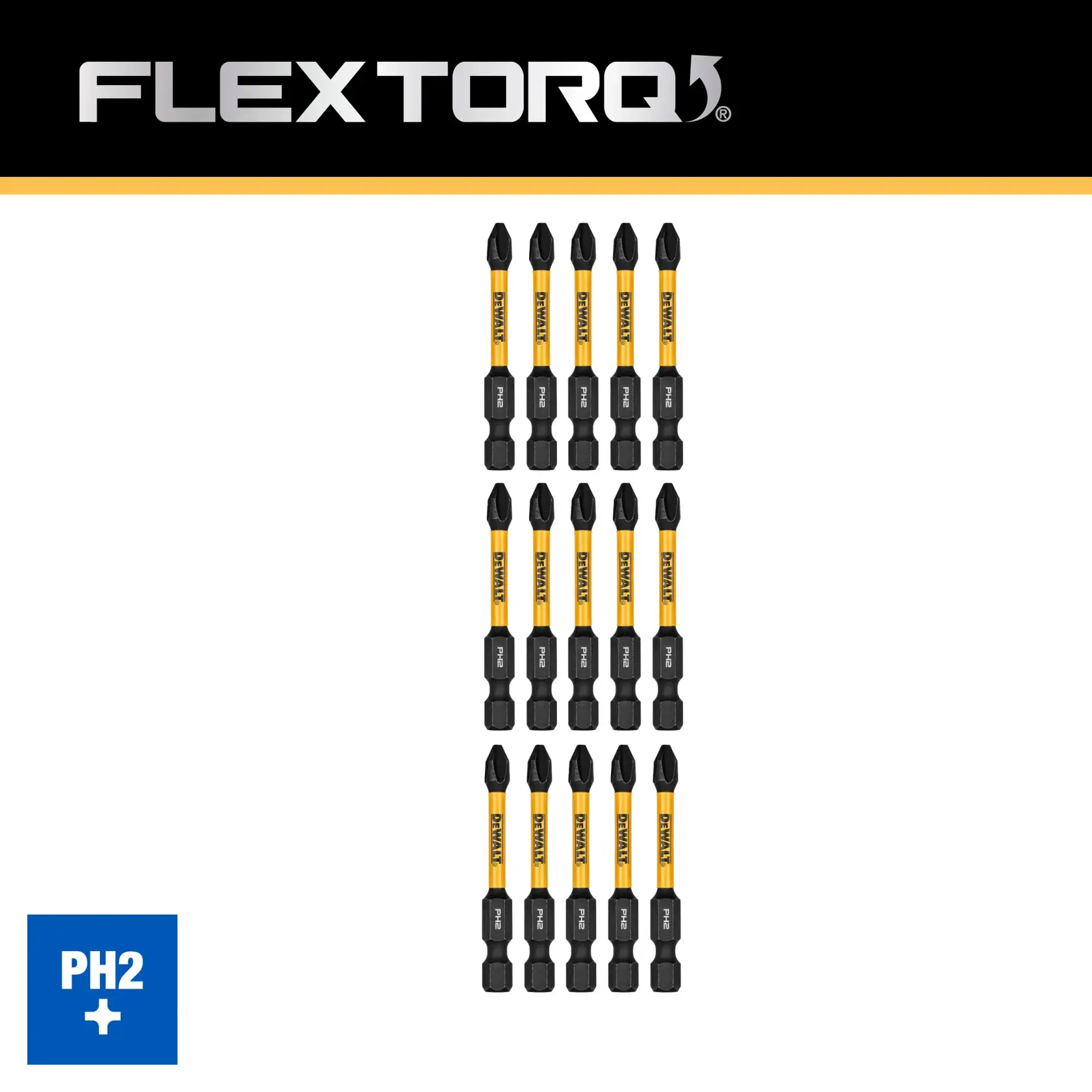 DEWALT FlexTorq PH2 screwdriver bits set of 15, shown in three rows on a white background, with a black and yellow DEWALT branding and a blue PH2 label.