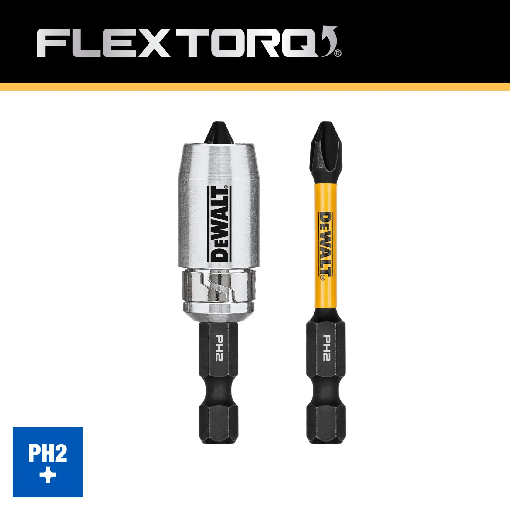 Image of two DEWALT branded screwdriver bits from the FLEXTORQ series. The left bit includes a metal sleeve and the right bit has a yellow shaft, both are labeled PH2. The PH2 symbol is shown in a blue box at the lower left.