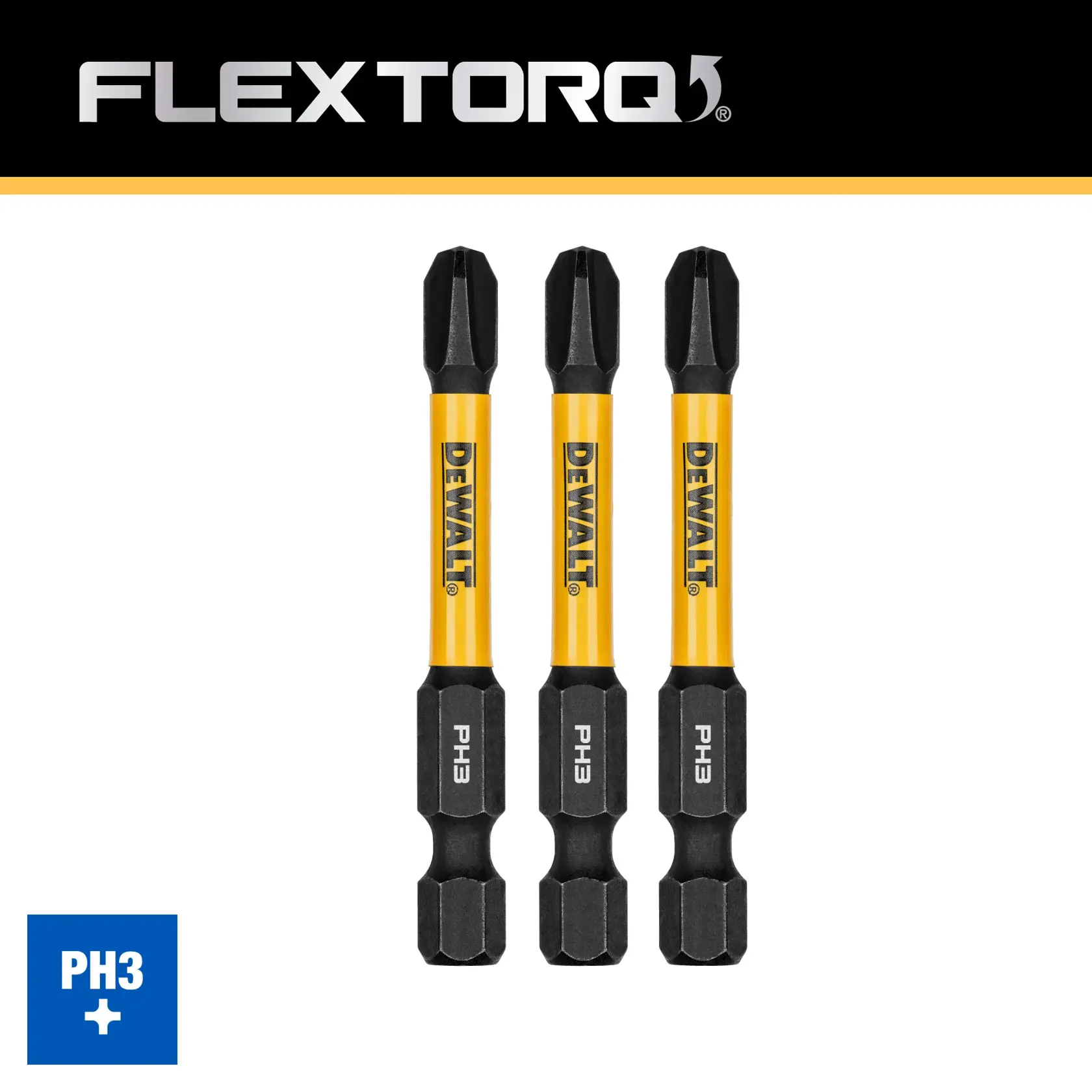 Image of three DEWALT FlexTorq PH3 screwdriver bits with yellow and black color. Each bit has 'PH3' marked on the lower section and 'DEWALT' written on the yellow upper section. The PH3 symbol is shown in a blue box on the left.