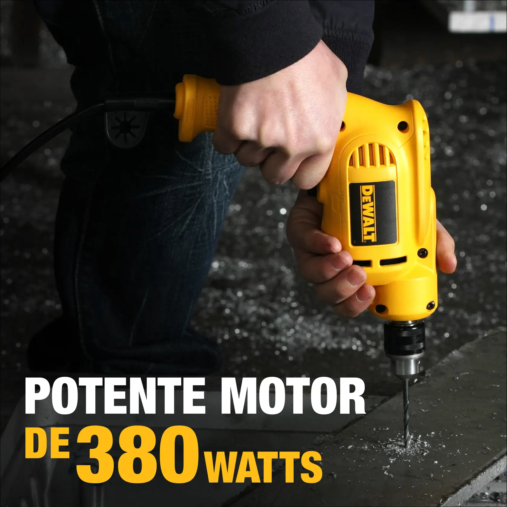 A person using a yellow DEWALT electric drill with a powerful 380-watt motor. The drill is being used to make a hole in a metal surface, with metal shavings visible around the drill bit.