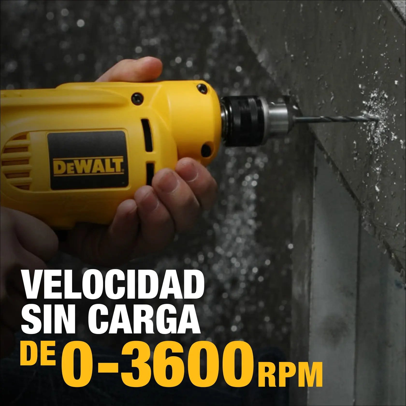 A close-up of a hand using a yellow DEWALT drill to make a hole in a concrete wall. The text on the image reads: 'No load speed from 0 to 3600 RPM.'