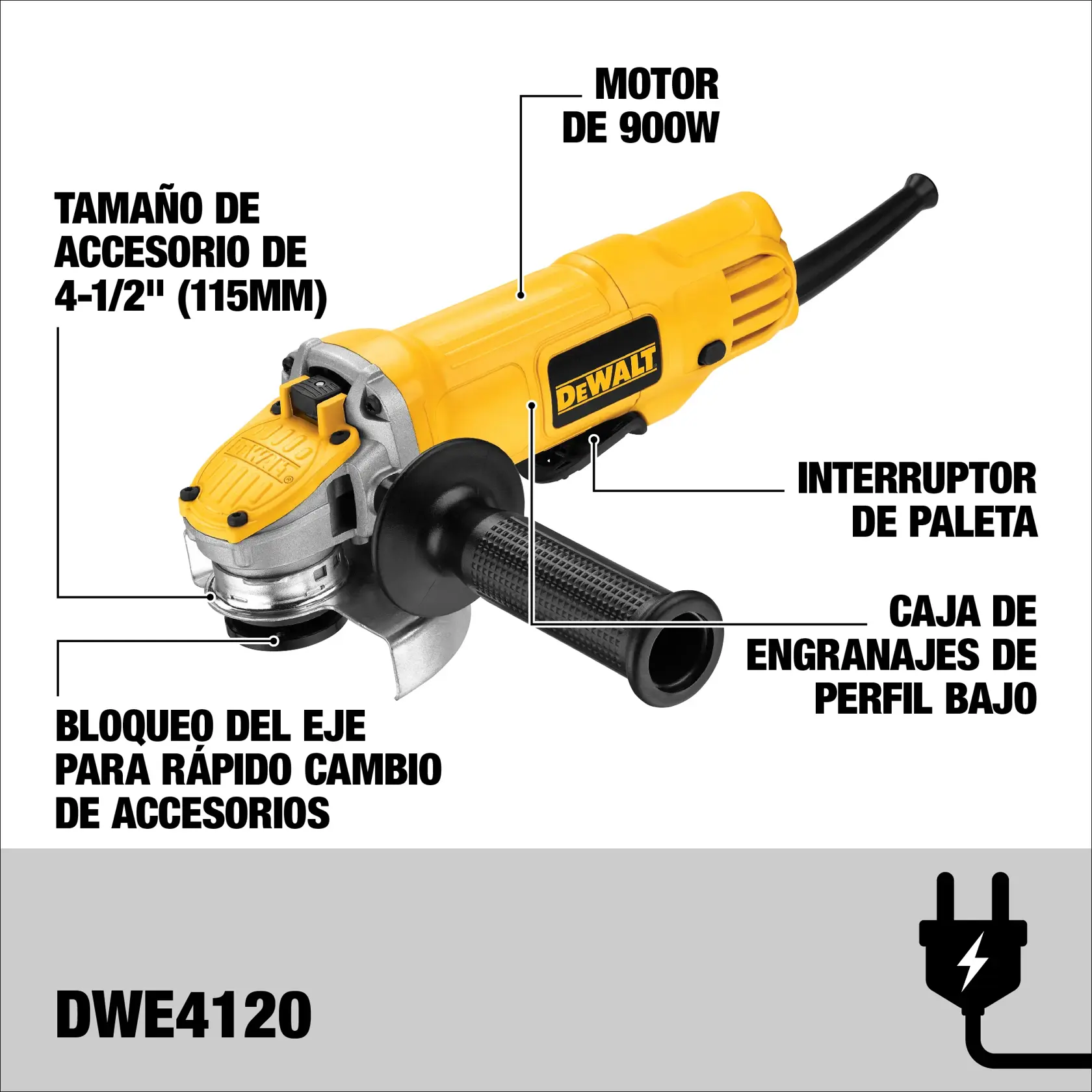 DEWALT® Esmeriladora Angular de 4-1/2" (115mm) de 900W con Interruptor de Paleta