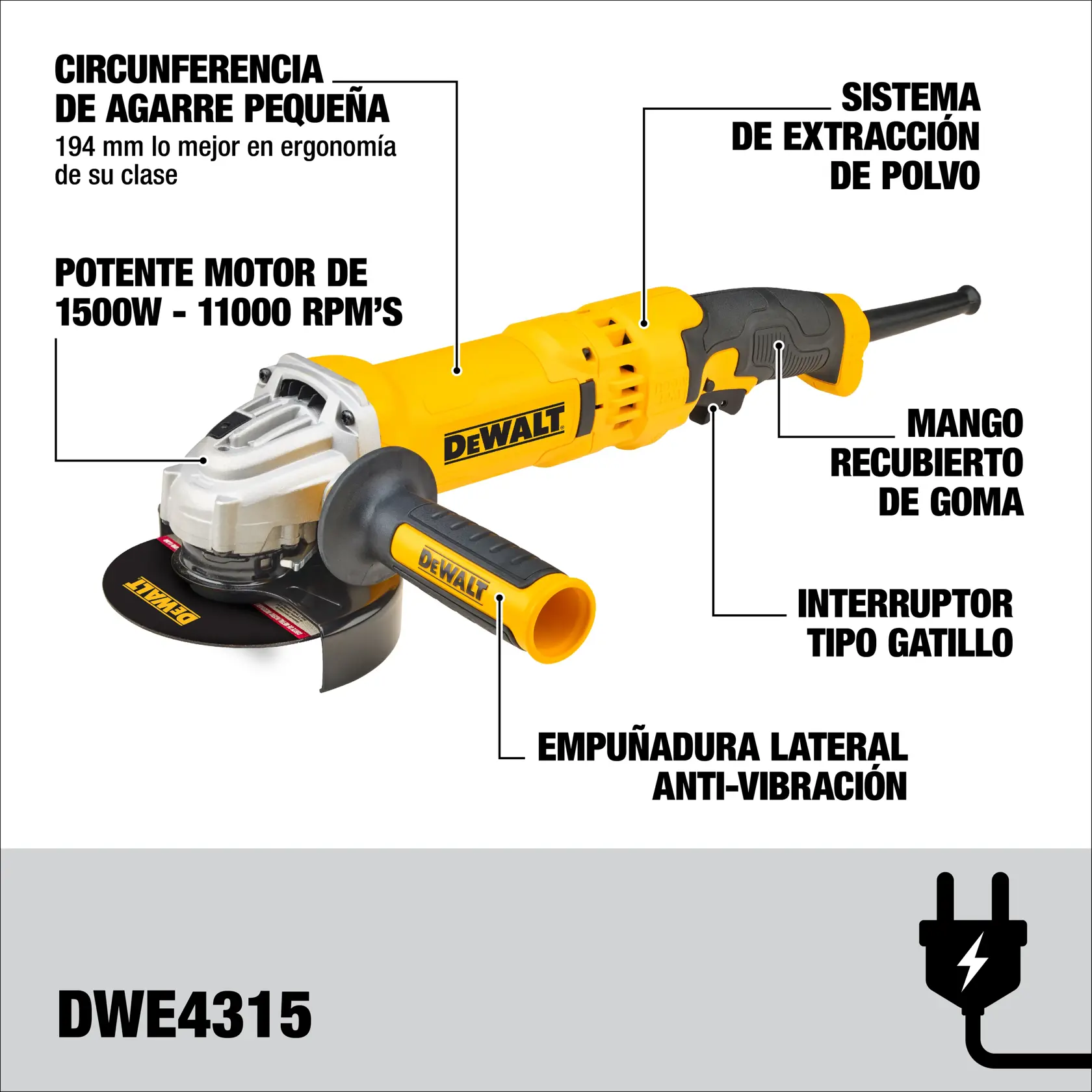DEWALT® Esmeriladora Angular de 4-1/2" (115mm) - 5" (125mm) con Cable de 1500W de Interruptor de Gatillo