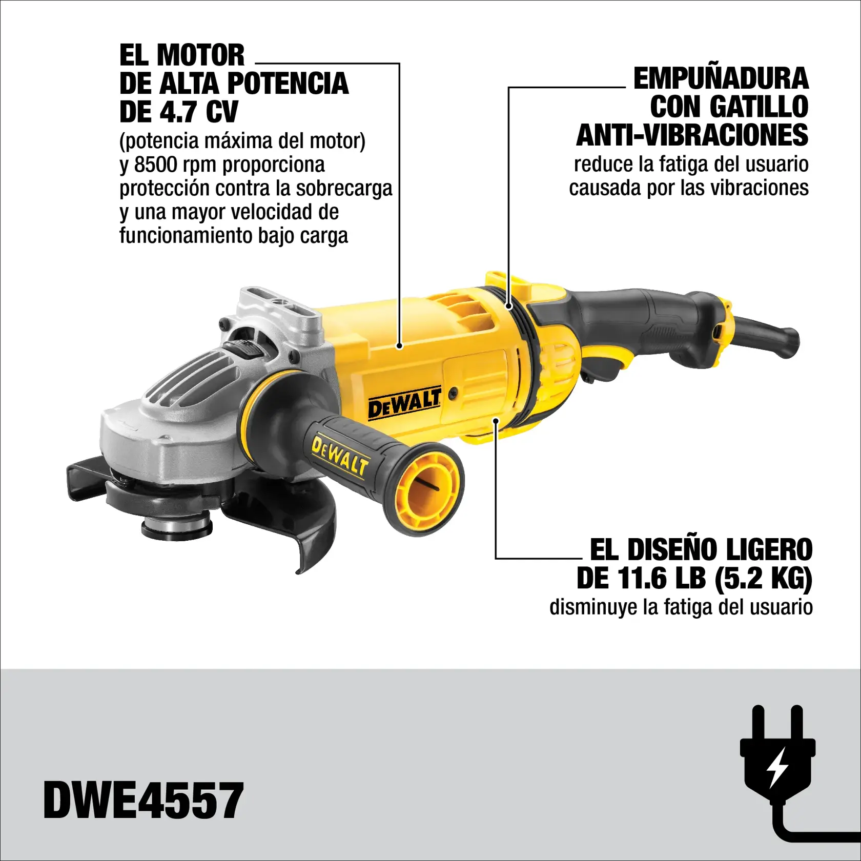 DEWALT® Esmeriladora Angular de 7" (180mm) con Cable de 2400W de Interruptor de Gatillo y Control Activo de Vibración