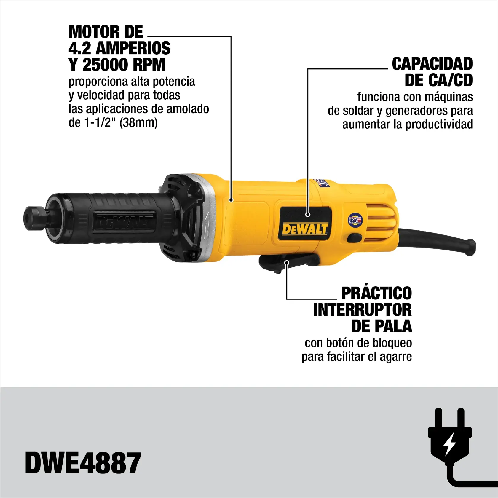 DEWALT® Rectificadora de Matriz de 1-1/2" (40mm) Sin Bloqueo