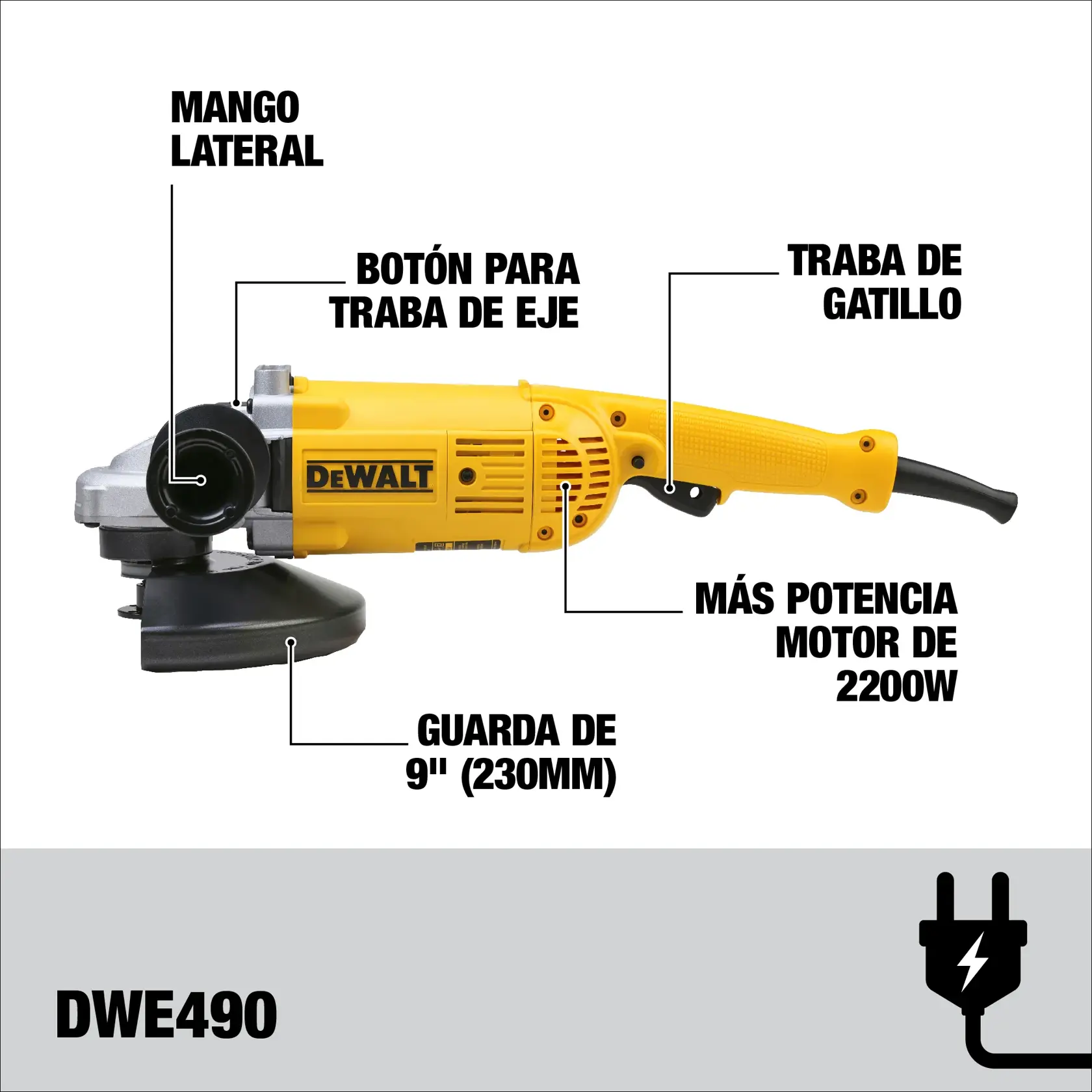 DEWALT® Esmeriladora Angular de 9" (230mm), 2200W con Interruptor de Paleta
