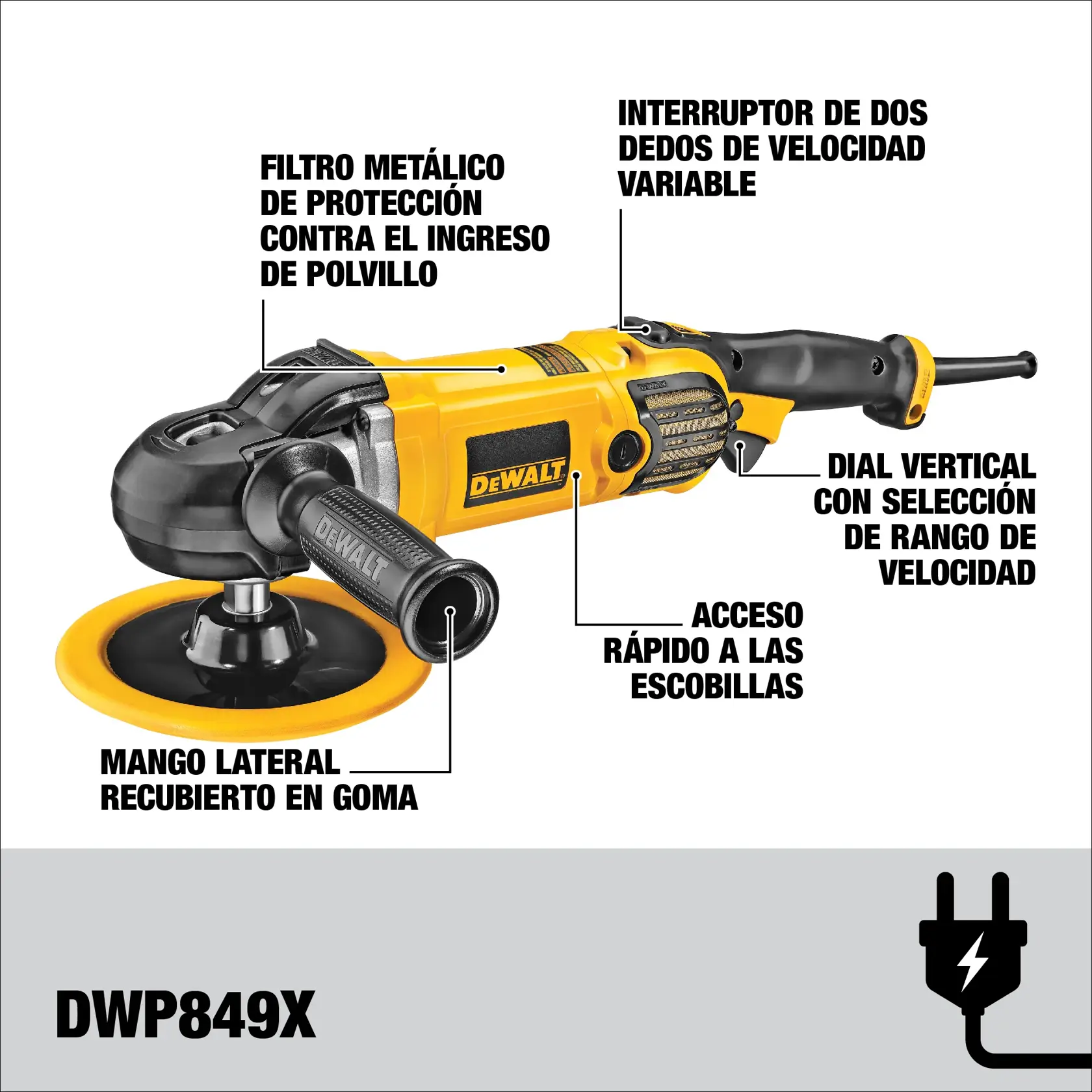 DEWALT DWP849X electric polisher with rubber-coated side handle, metal dust protection filter, variable speed two-finger switch, vertical dial for speed range selection, and quick access to brushes. Product features are highlighted in Spanish text.