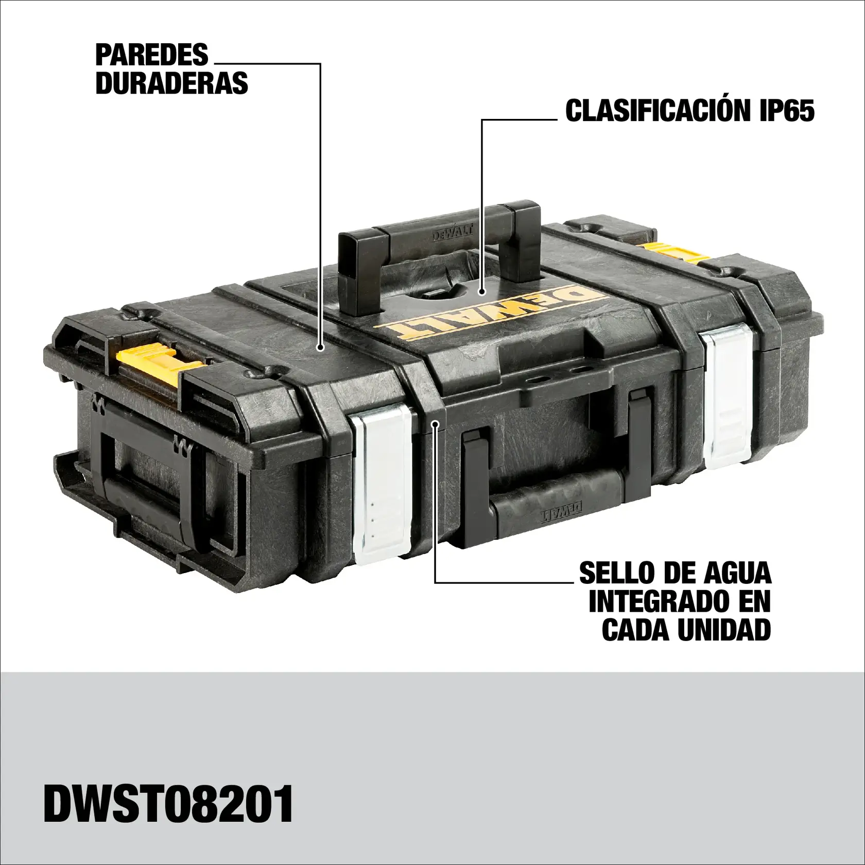 DEWALT DWST08201 tool box with durable walls, IP65 rating, and integrated water seal in each unit. The box is black with yellow and silver accents, and features a sturdy handle.