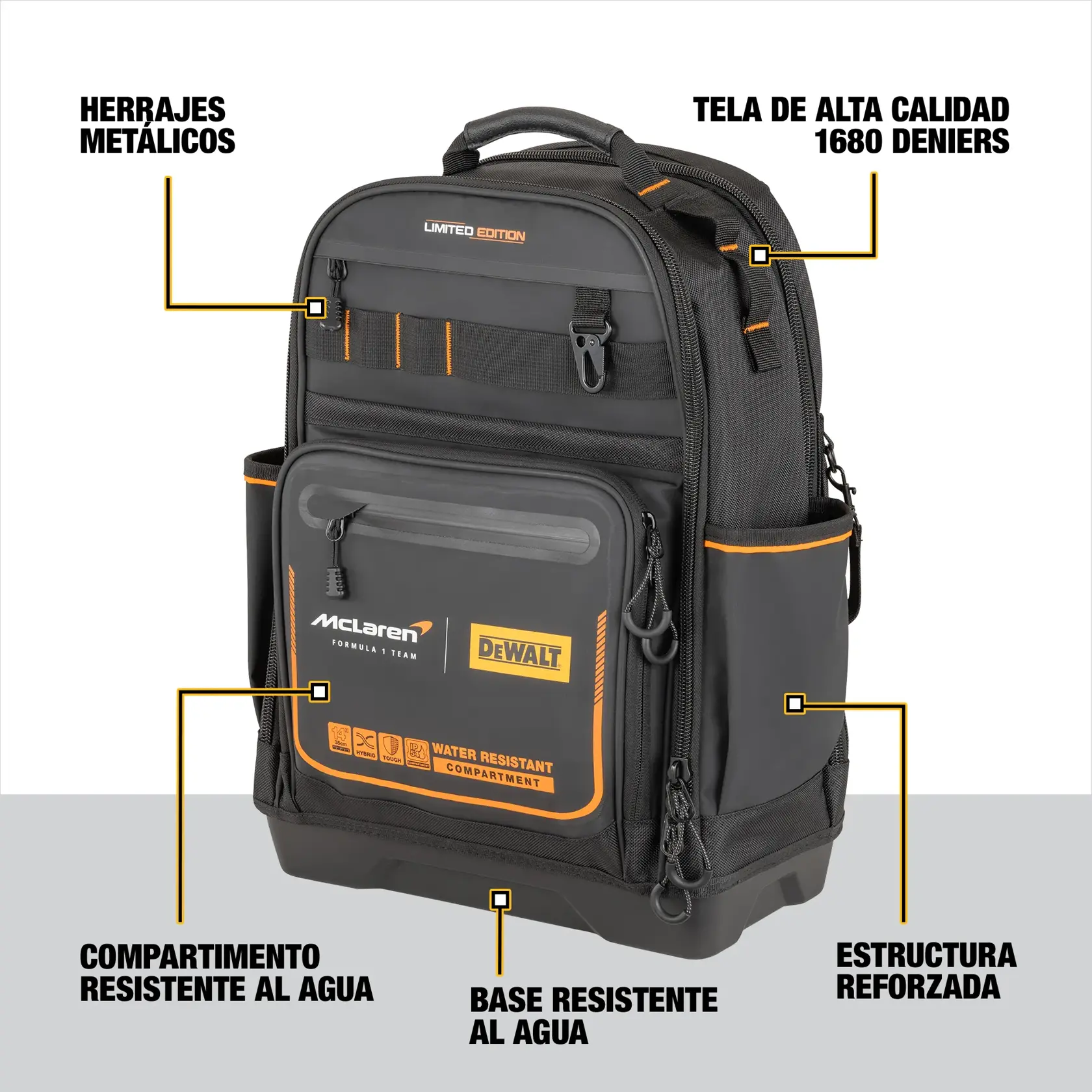 A black DEWALT backpack, limited edition in collaboration with McLaren Formula Team, with orange accents. The image shows features highlighted in Spanish: metal hardware, high-quality 1680 denier fabric, water-resistant compartment, water-resistant base, and reinforced structure.