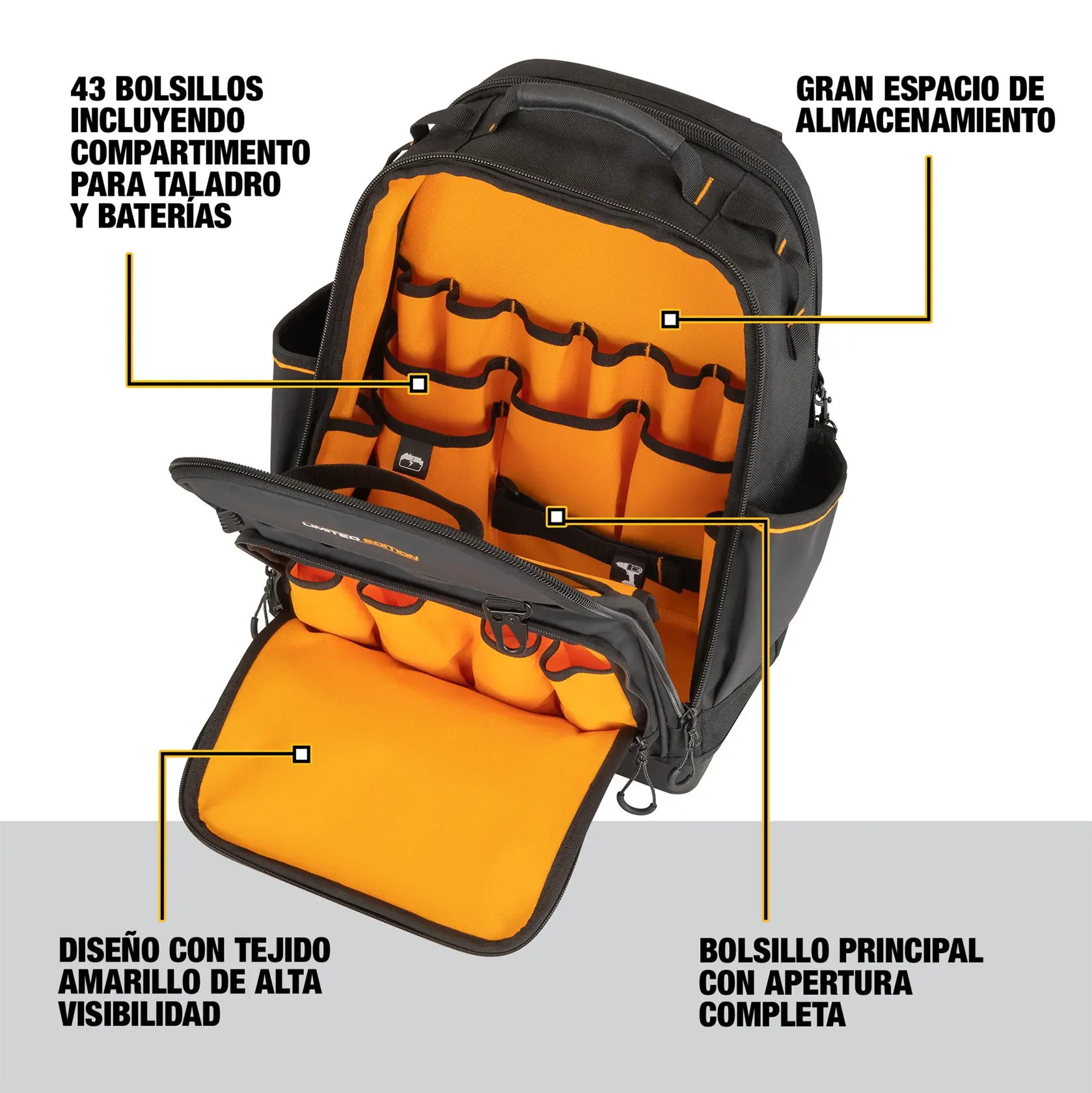 Image of a DEWALT tool backpack, SKU DWST60122. The backpack is open, showing several orange and black pockets inside. Key features highlighted in the image include 43 pockets (including compartments for a drill and batteries), a large storage space, a main pocket with full opening, and high-visibility yellow fabric design.