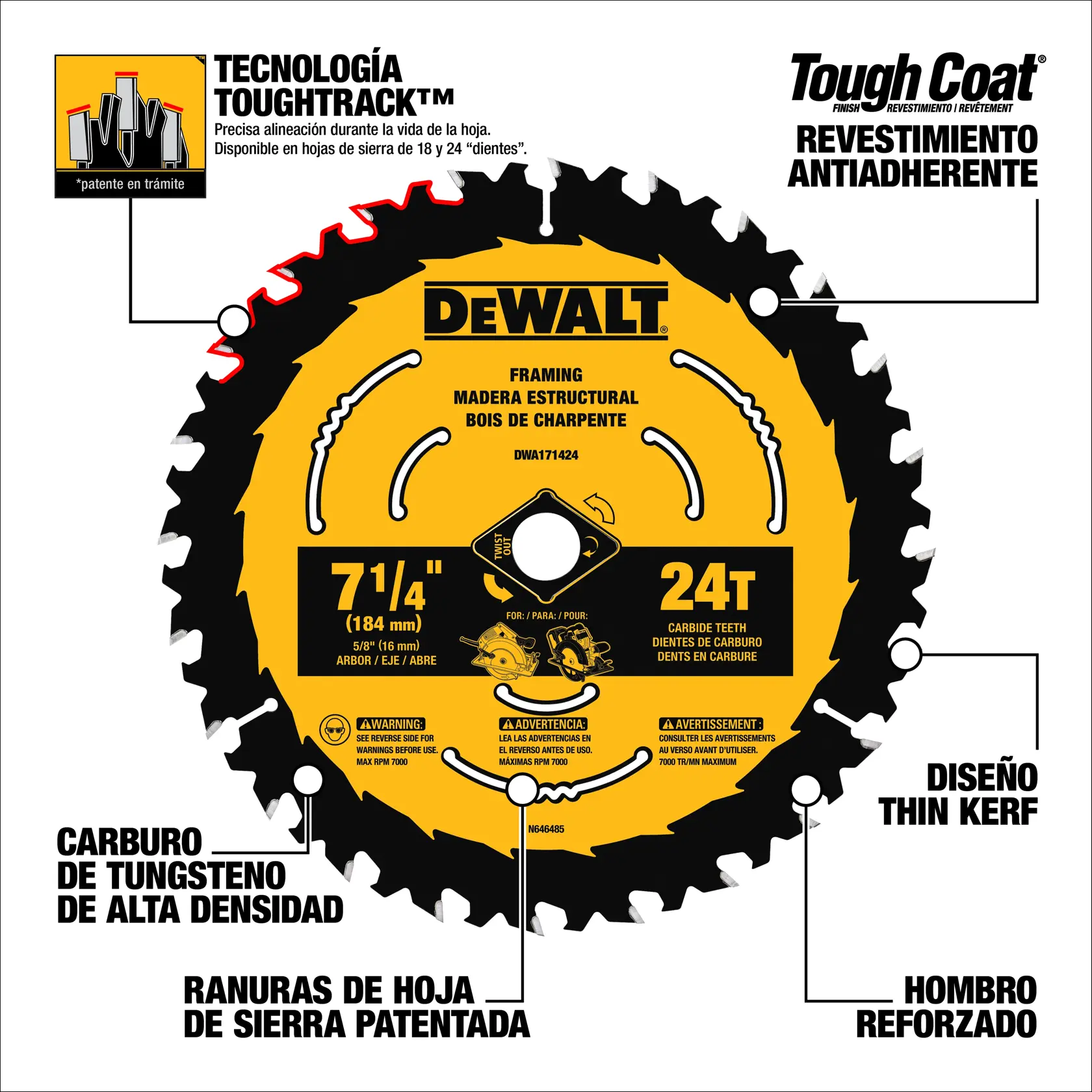 DEWALT® Hoja de Sierra Circular de Carburo de 7-1/4 Pulgadas 24 Dientes con Eje de 5/8 Pulgadas