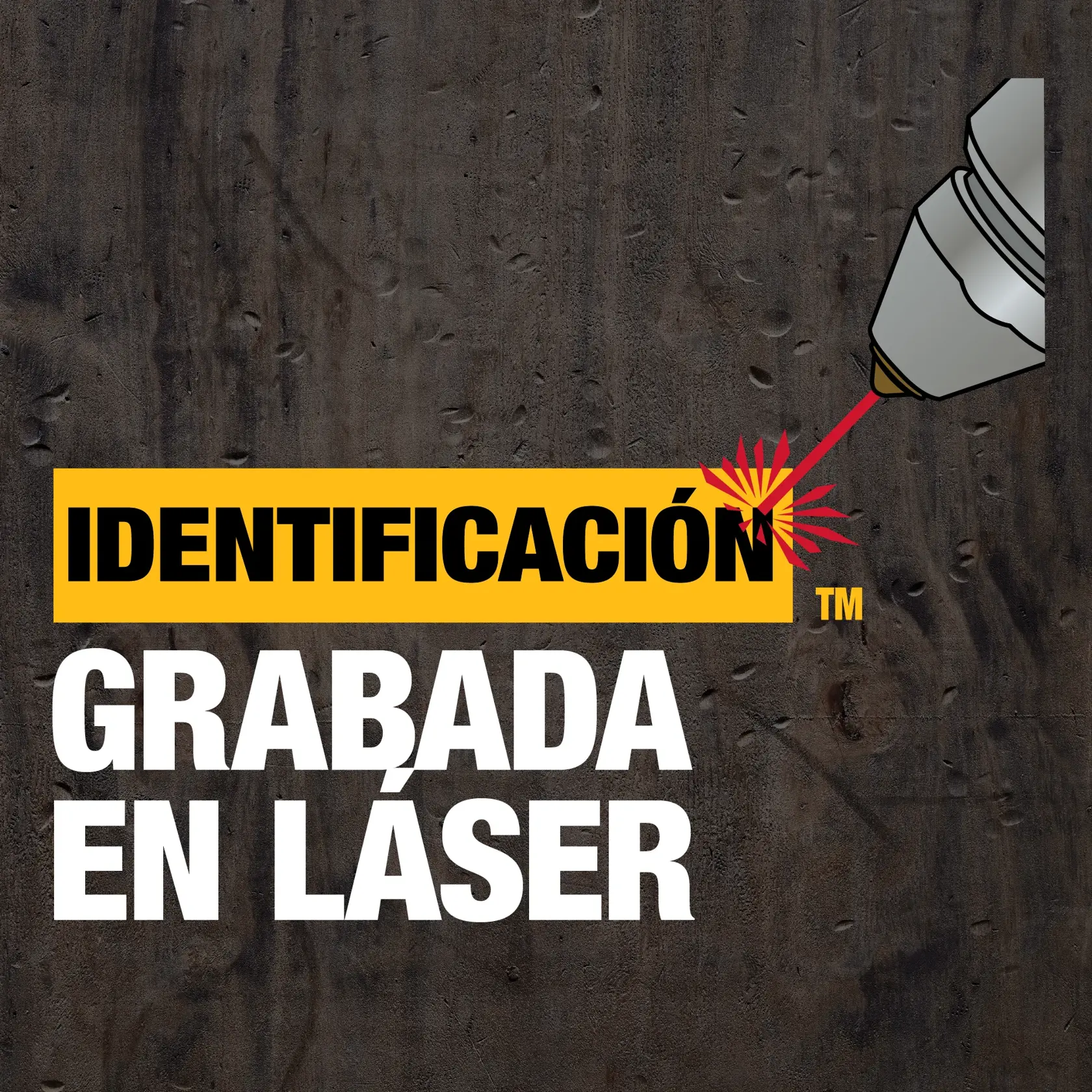 Graphic showing the phrase 'Laser-engraved identification' in Spanish with a laser tool illustration on a dark textured background.