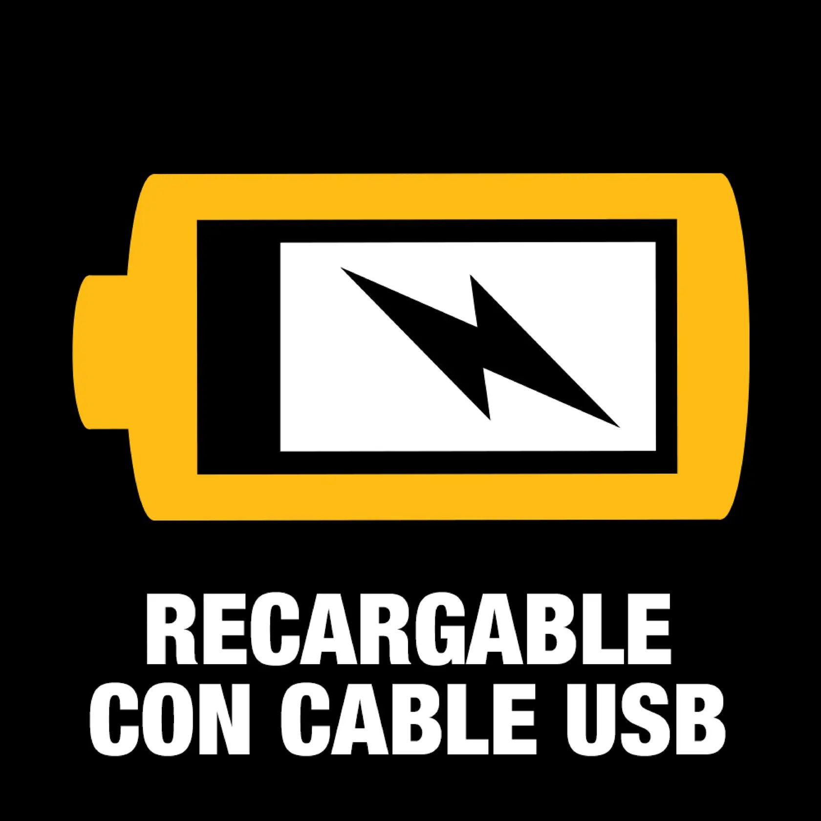 Yellow battery icon with a black lightning bolt inside, above the Spanish text 'RECARGABLE CON CABLE USB' meaning 'Rechargeable with USB cable'.