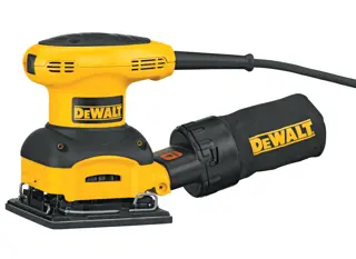 A yellow and black DEWALT electric sander with a dust bag attached, shown on a white background.