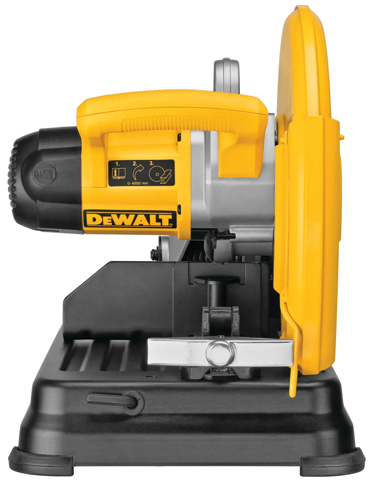 Side view of a DEWALT metal cut-off saw, model D28730-B2, featuring a yellow handle and blade guard, with a black base and motor housing.