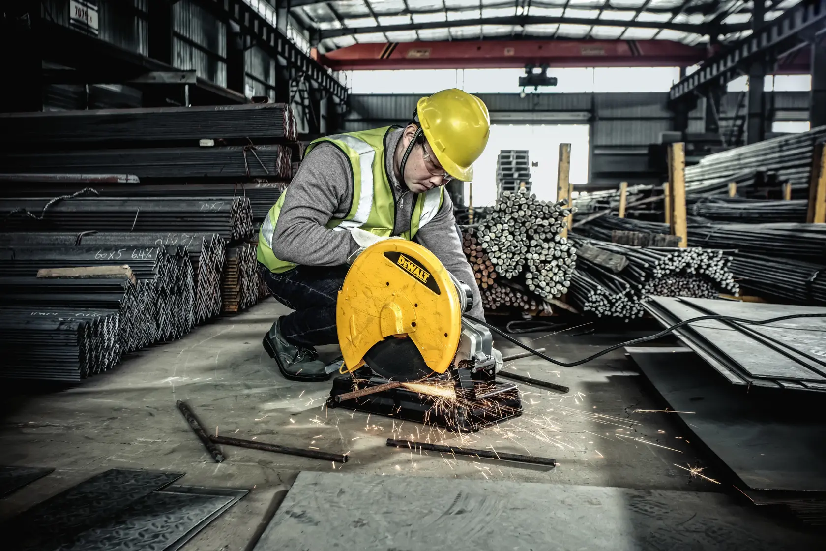 A worker in a yellow hard hat and reflective vest is using a yellow DeWALT metal cutting saw to cut metal rods in an industrial warehouse filled with stacks of steel materials. Sparks are flying from the cutting area.