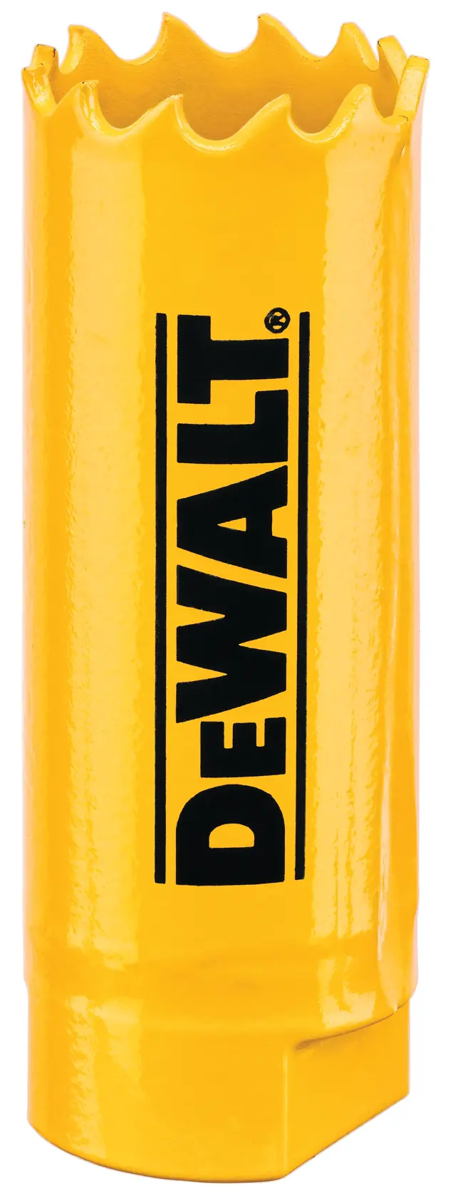 A DEWALT yellow hole saw with jagged cutting teeth and DEWALT logo printed in black on the side.