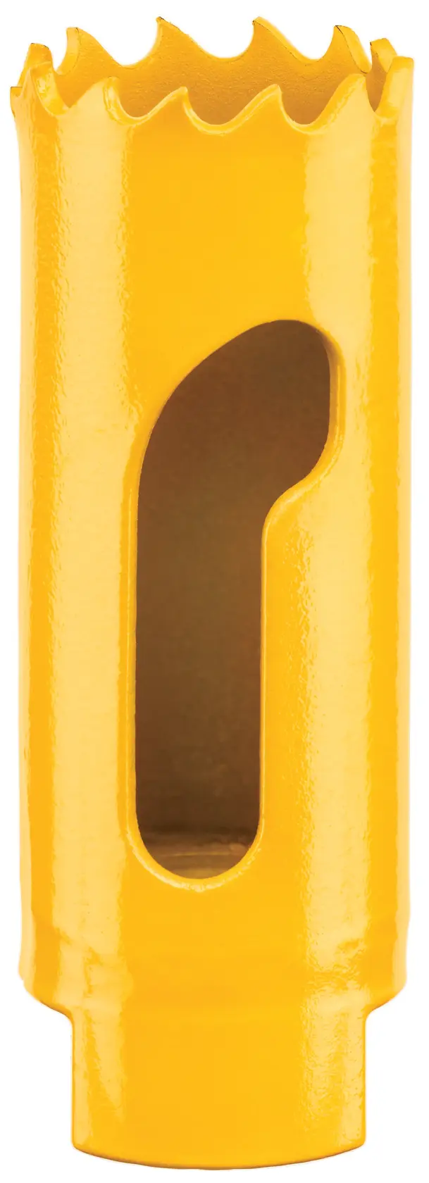 A yellow hole saw drill bit with a serrated cutting edge and an open side window, used for drilling circular holes in materials.