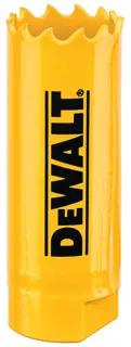 A yellow DEWALT hole saw drill bit with sharp jagged edges, standing upright. The DEWALT logo is printed in black on the side.