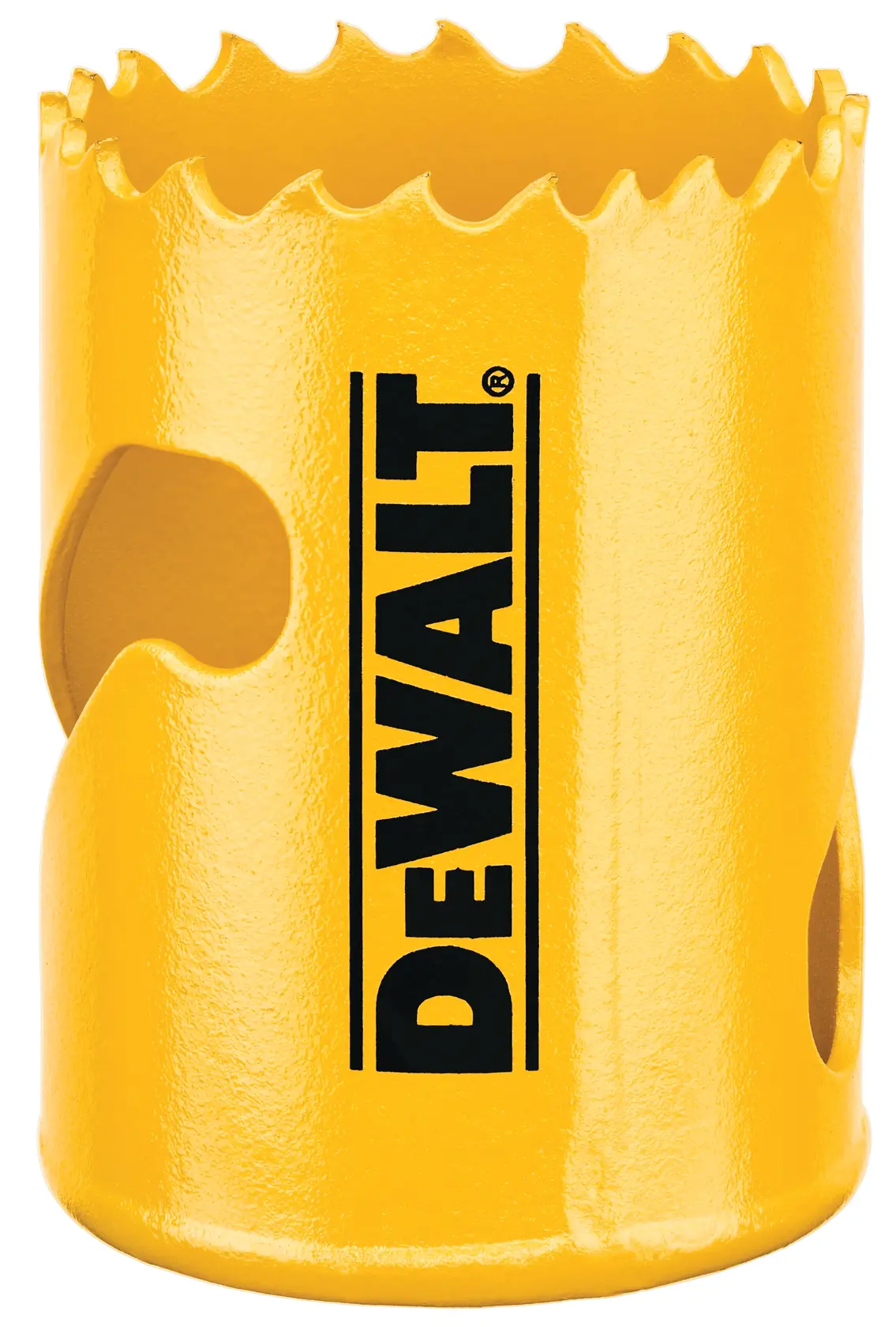 Close-up of a yellow DEWALT hole saw drill bit with jagged cutting edges and ventilation holes, used for drilling circular holes in materials.