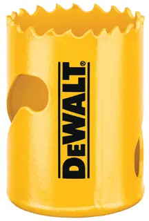 Yellow DEWALT hole saw with jagged cutting edge and ventilation holes, used for drilling large holes in various materials.