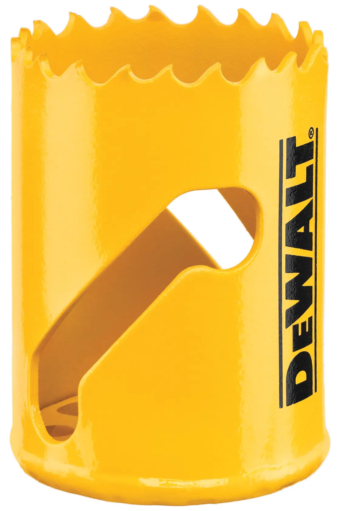 Close-up of a yellow DEWALT hole saw with jagged cutting edges and DEWALT branding printed vertically on the side.