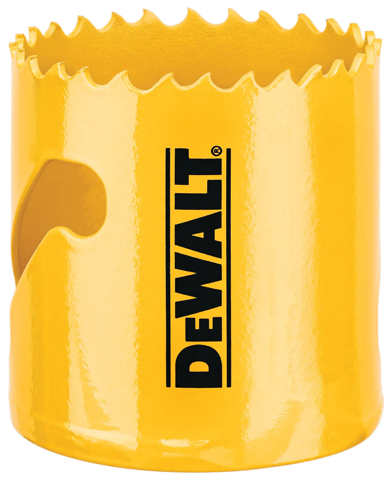 A yellow DEWALT hole saw with sharp teeth around the edge, used for cutting holes in materials.