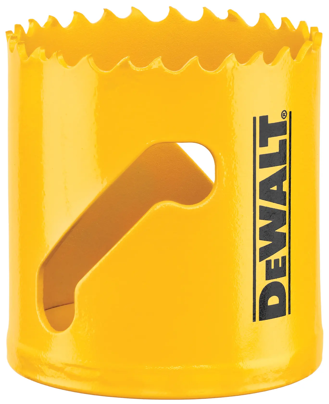 Close-up image of a yellow DEWALT hole saw with sharp teeth and the DEWALT logo printed vertically on the side.