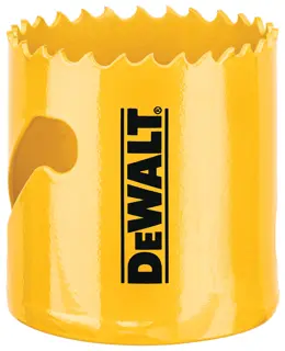 A yellow DEWALT hole saw with serrated cutting edges, used for drilling large circular holes in materials such as wood, metal, or plastic.