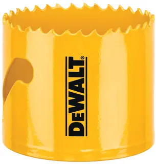 Close-up image of a yellow DEWALT hole saw with sharp teeth and the DEWALT logo printed vertically on the side.