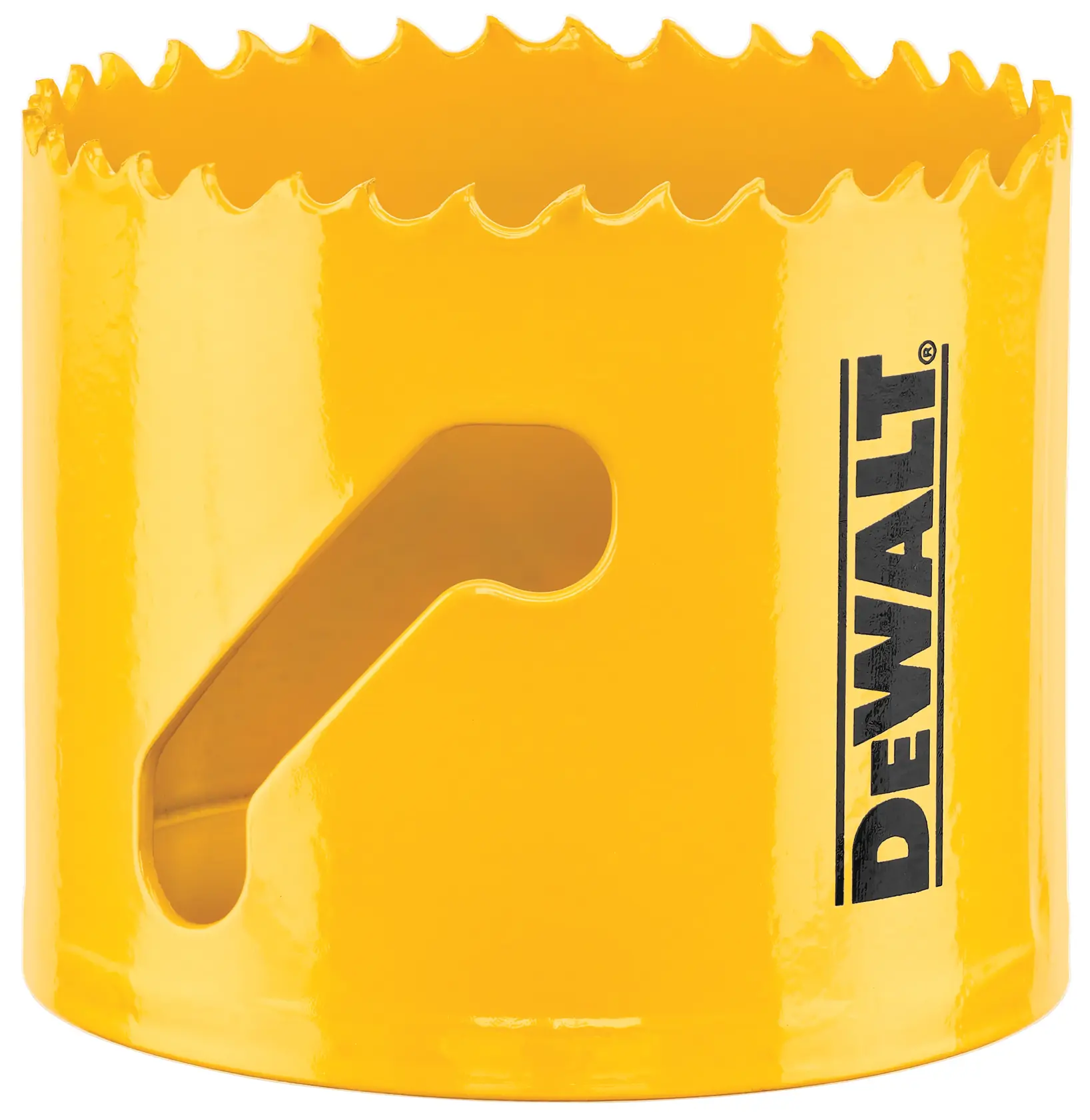 Close-up image of a yellow DEWALT hole saw with sharp jagged teeth around the edge and the DEWALT logo printed vertically on the side.