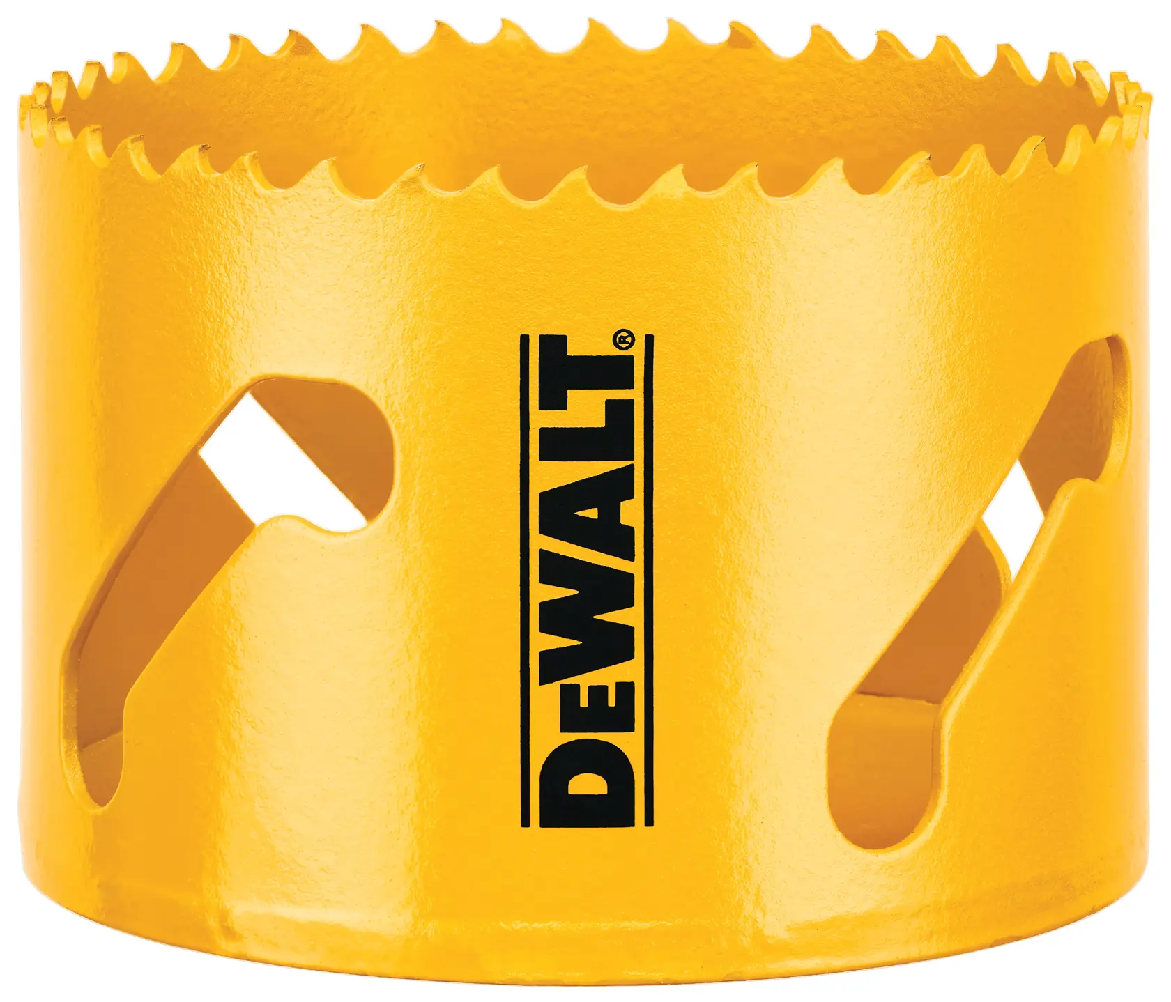 Close-up image of a yellow DEWALT hole saw with sharp blade teeth and ventilation holes, used for cutting circular holes in materials.