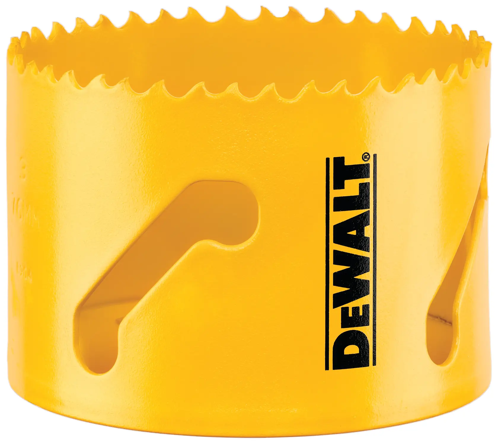 A yellow DEWALT hole saw with sharp cutting teeth and ventilation openings on its sides, used for drilling holes in materials.