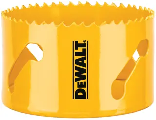 Close-up of a yellow DEWALT hole saw with sharp teeth and the DEWALT logo printed on the side.