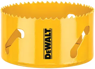 A yellow DEWALT hole saw with sharp teeth, designed for cutting circular holes, shown close-up.