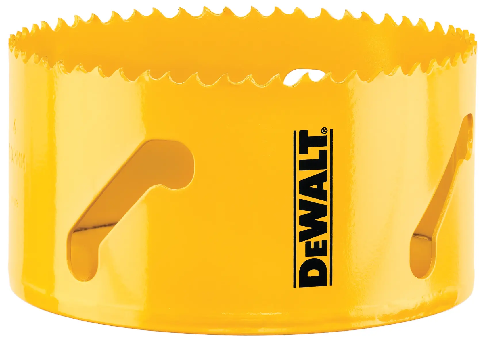 Close-up view of a yellow DEWALT hole saw with sharp teeth along the edge, used for drilling circular holes in materials.