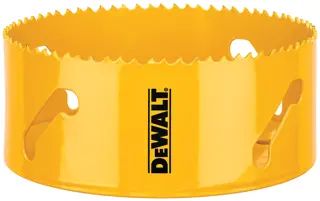 A yellow DEWALT hole saw with a jagged, circular cutting edge and brand logo on the side.