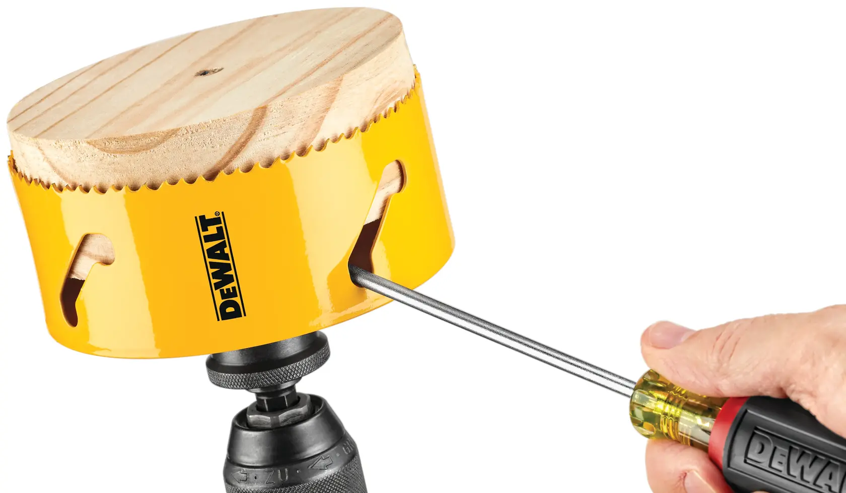 DEWALT bi metal hole saw being used by a person.
