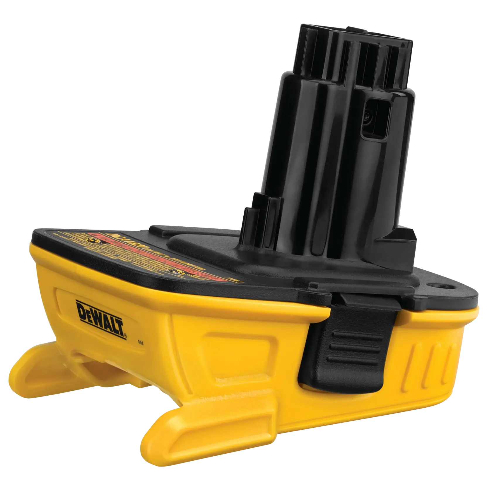 A DEWALT battery adapter, model DCA1820, with a yellow base and black connector. This adapter allows compatibility between 20V lithium-ion batteries and 18V DEWALT power tools.