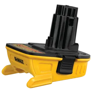 A DEWALT battery adapter, model DCA1820, featuring a yellow and black plastic design. The adapter allows compatibility between different battery types for power tools.