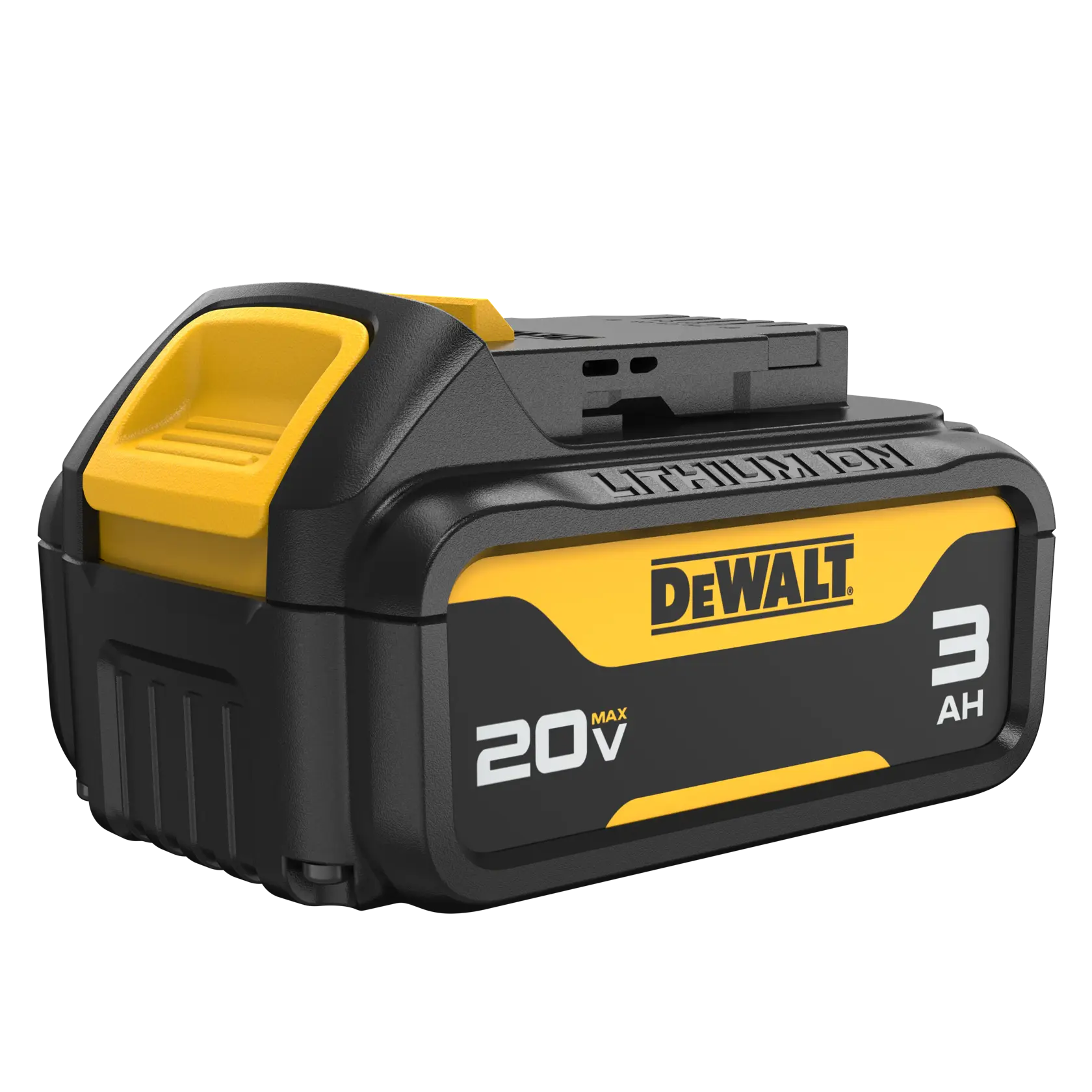 DEWALT three amp hour battery at a three quarter angle on white