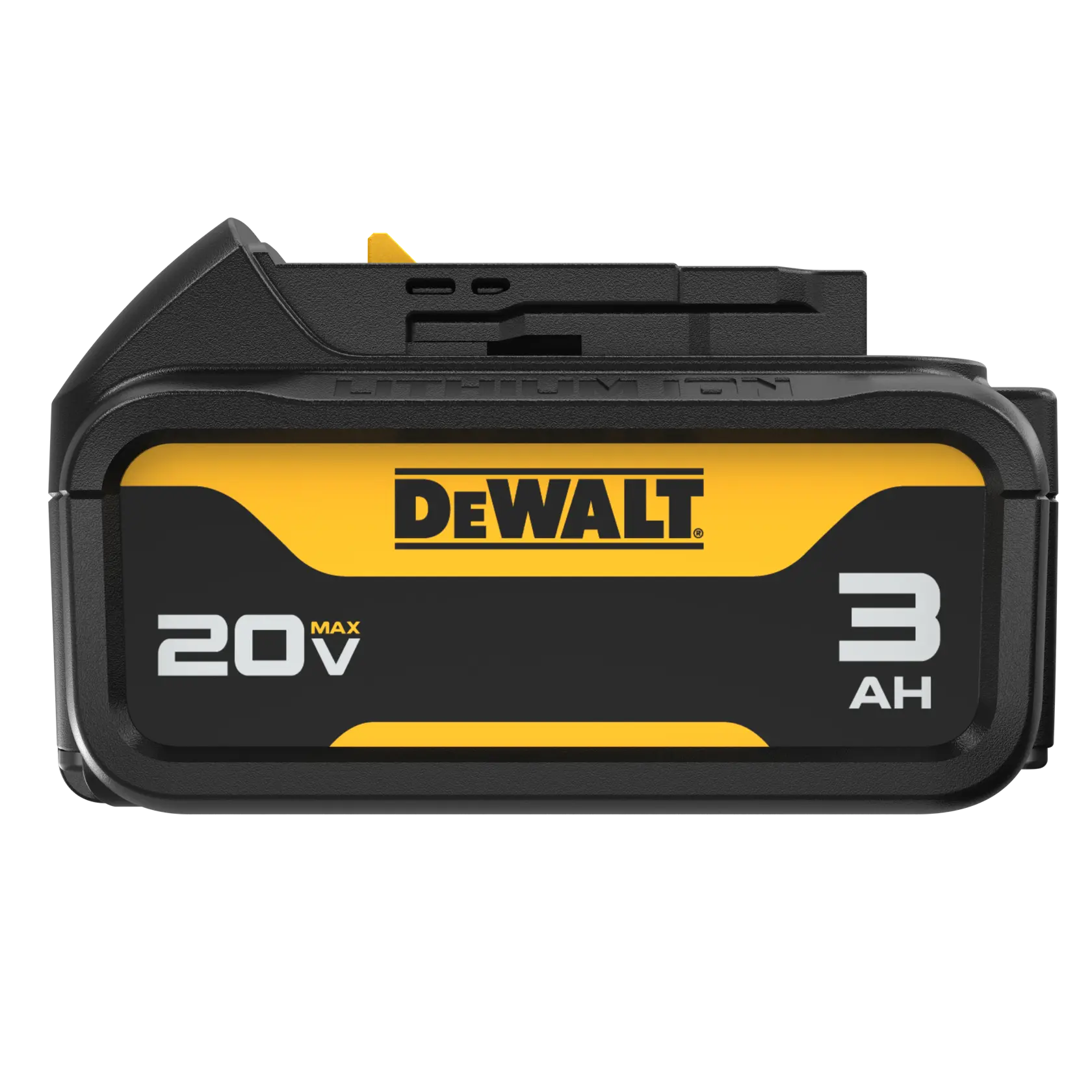 DEWALT three amp hour battery from the side with the front on the left on white
