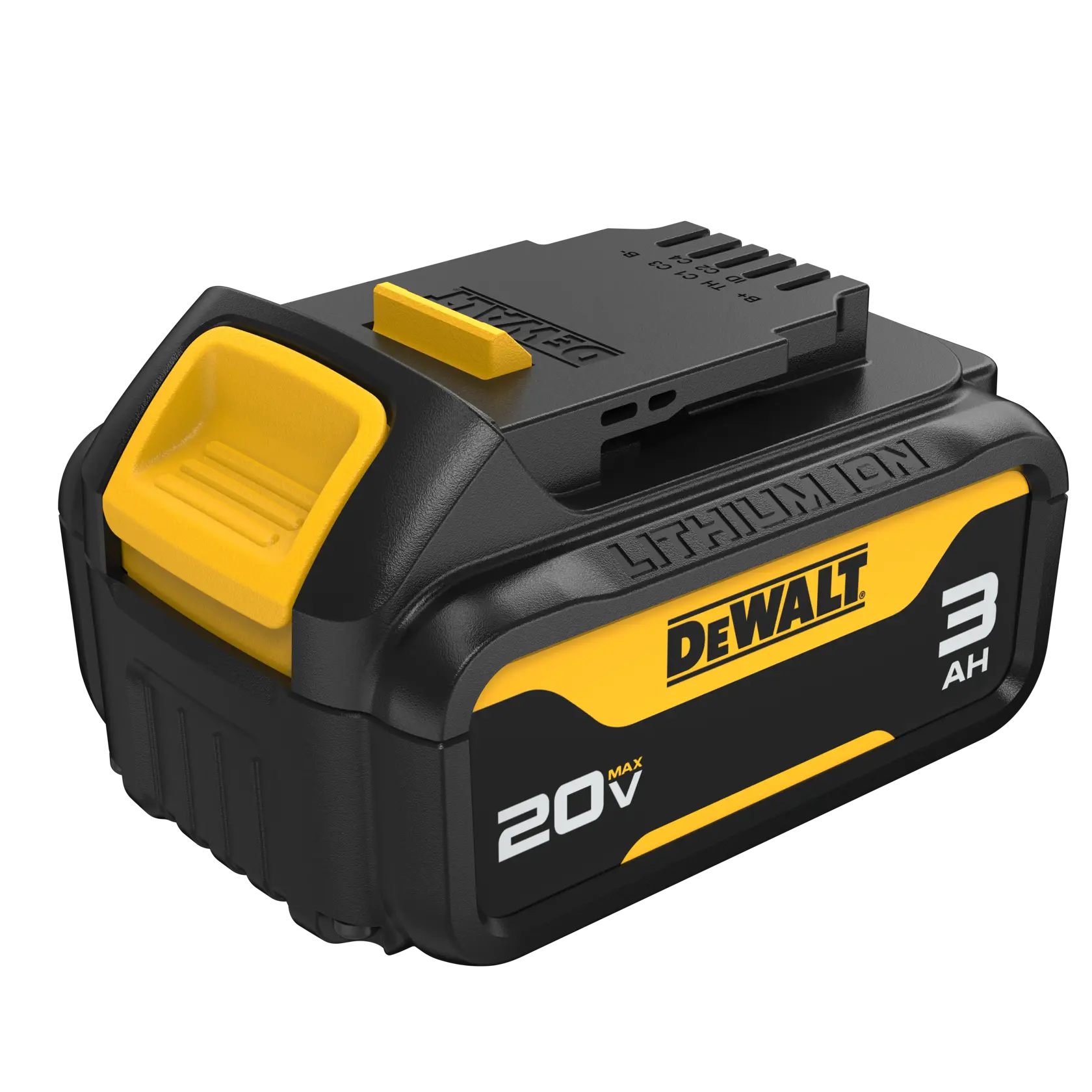 DEWALT three amp hour battery at a three quarter angle from the top on white