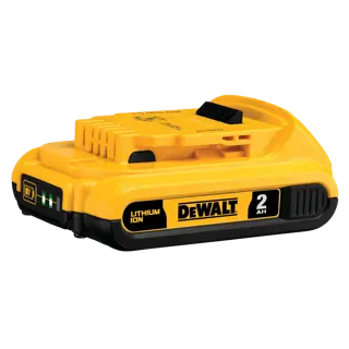 A DEWALT 2Ah lithium ion battery pack, yellow and black in color, designed for power tools. The battery features indicator lights on one end.