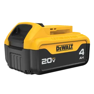 A DEWALT 20V MAX lithium-ion battery pack with a capacity of 4 amp hours, featuring a yellow and black casing and the DEWALT logo on the side.