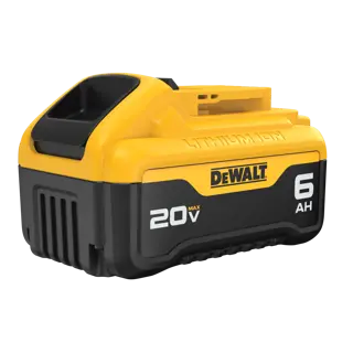 A yellow and black DEWALT 20V MAX lithium ion 6Ah battery pack. The battery is shown from a front-side angle, displaying the DEWALT logo and the technical specifications prominently.