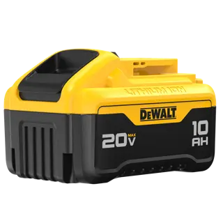 A DEWALT 20V MAX lithium-ion battery pack with a capacity of 10 amp hours, designed for use with DEWALT power tools. The battery is yellow and black with the DEWALT logo prominently displayed.