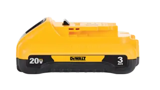 A yellow and black DEWALT 20V Max lithium ion battery with 3 amp-hour capacity, shown from the side.