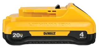 A Dewalt 20V MAX 4Ah lithium-ion battery, yellow and black, viewed from the front.