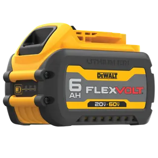 A close-up image of a DEWALT DCB606 FLEXVOLT lithium ion battery pack. The battery has a yellow and black casing, is labeled 6 AH, and supports both 20V and 60V maximum output.